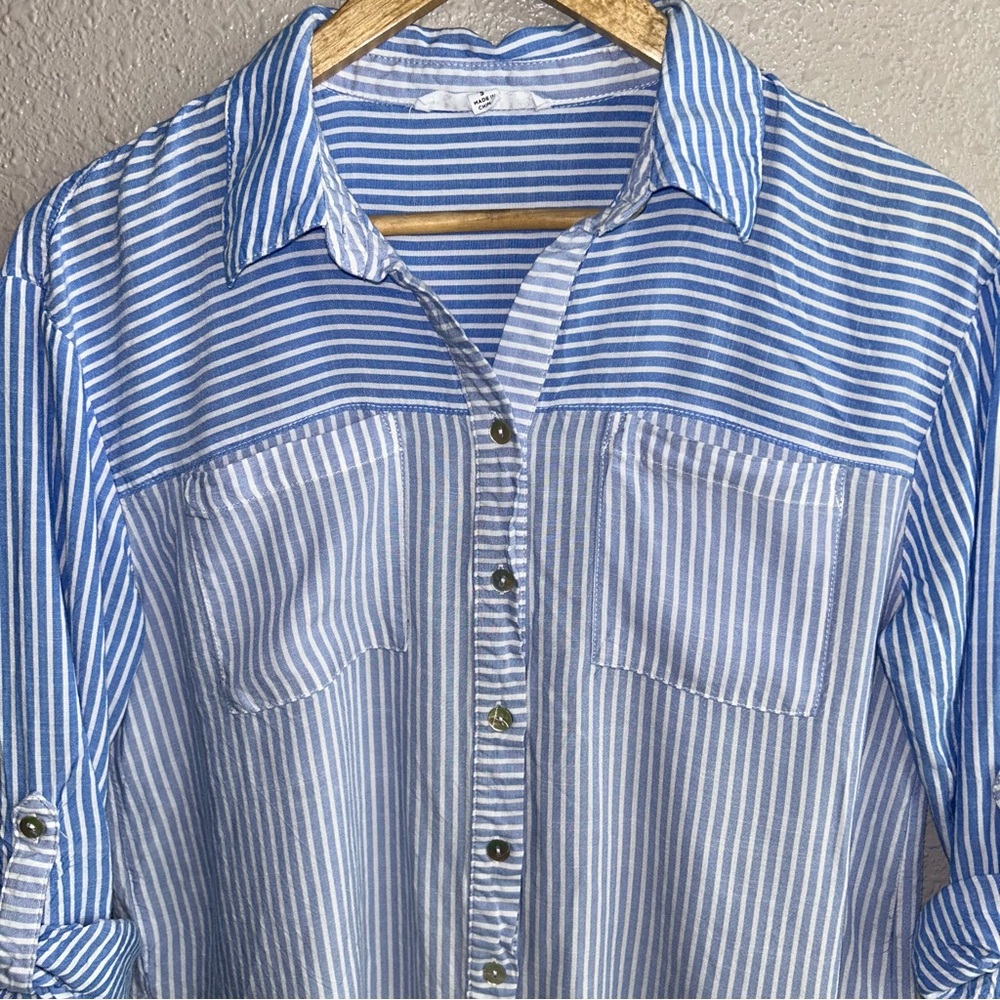 Jane + Delancey Blue Color Block Striped Long Sleeve Button Up Roll Cuff Shirt - Picture 3 of 7
